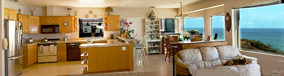 Kitchen and dining room from living room